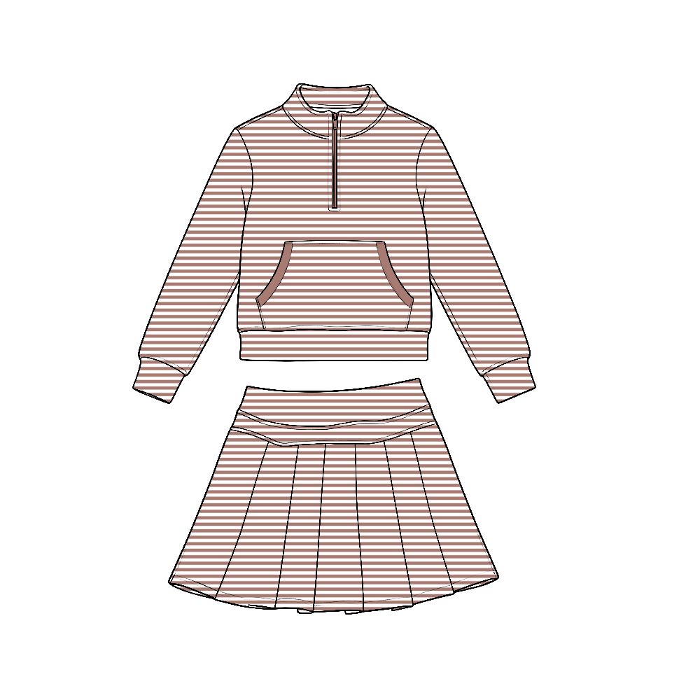 ( Moq 5 ) Preorder Baby Girls Kids Long Sleeves Brown Stripes Zipper Shirt Skirt Shorts Set Yoga Active Clothes