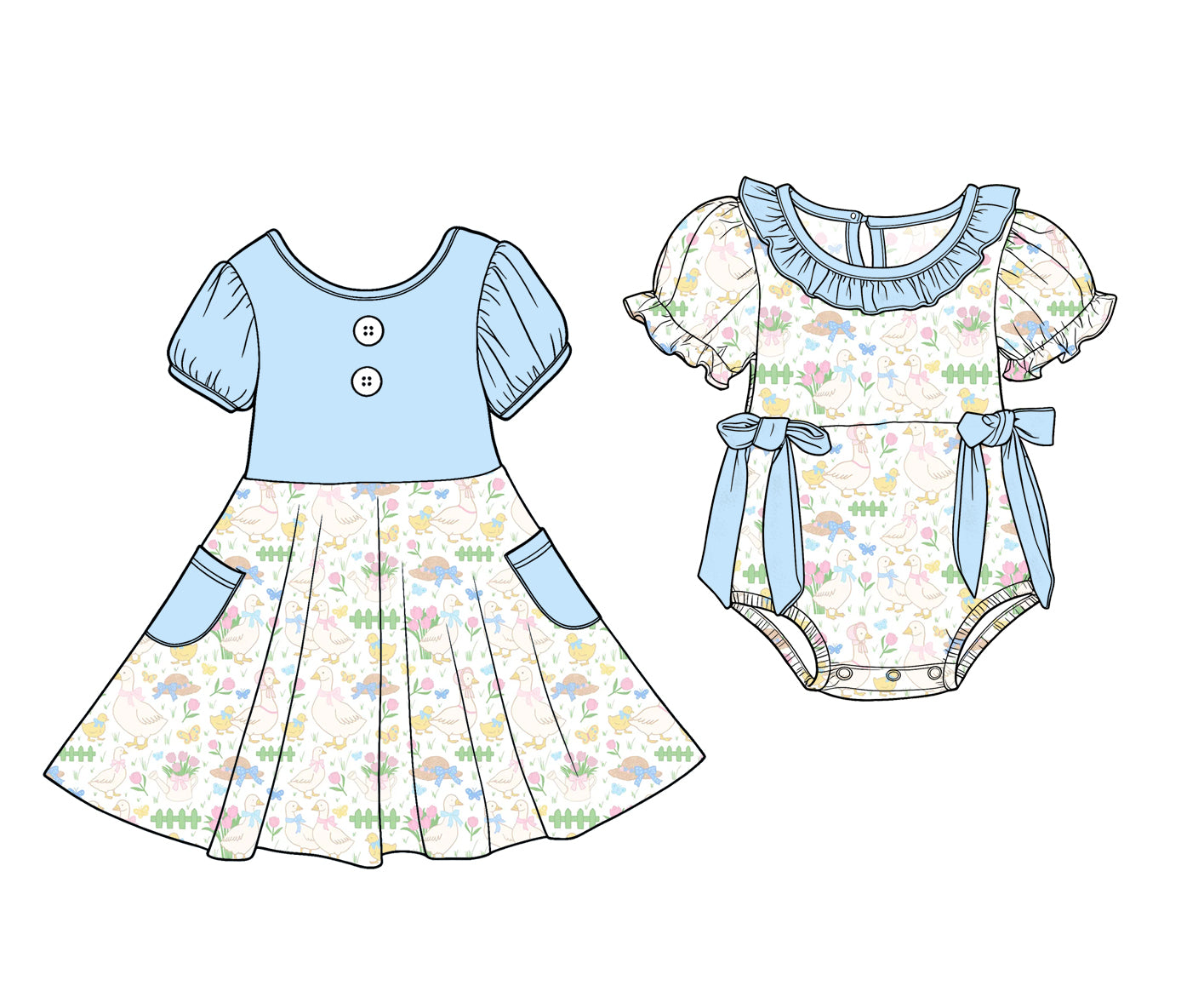 ( Moq 5 Each Style ) Baby Girls Kids Short Sleeves Flower Blue Bows Sibling Romper Dress