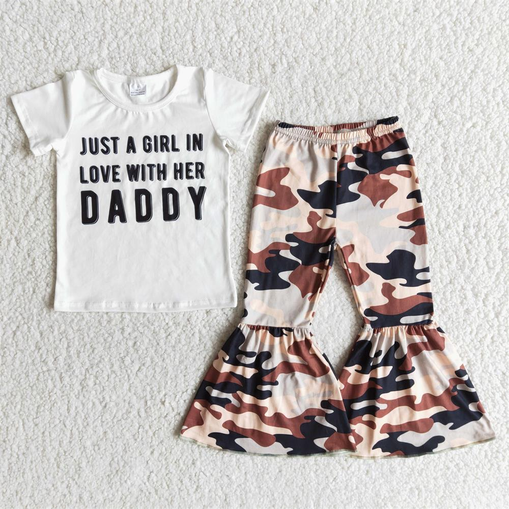 Promotion Baby Girl Short Sleeves Daddy Shirt Camo Bell Pants Outfit RTS
