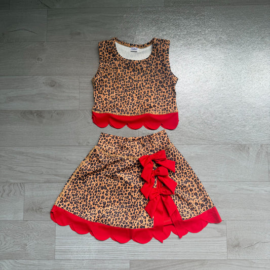 ( No moq ) Preorder Baby Girls Kids Sleeveless Leopard Shirt Scallop Bows Skirt Shorts Yoga Active Set Clothes