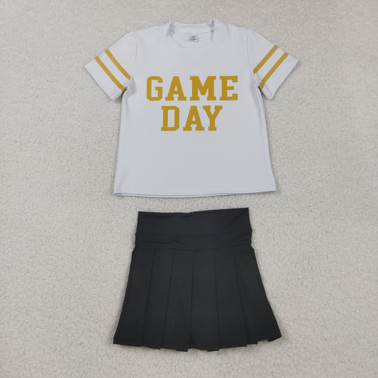 Kids Girl Short Sleeves Game Day Vinyl Shirt Black Yoga Active Skort Team Cheer Set RTS