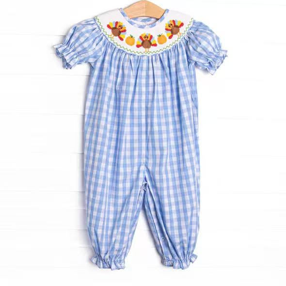 ( No moq ) Preorder Baby Girls Infant turkey Pumpkins Blue Plaid Fall Romper