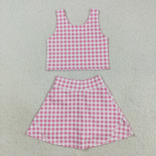 Baby Girl Sleeveless Pink Plaid Tops Shorts Skirt Skort Yoga Active Wear Clothes Set RTS