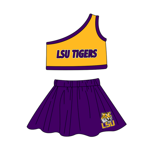 Baby Girl One Shoulder Cheer Team Shirt Tiger Skorts Clothes Set ( Moq 5 )