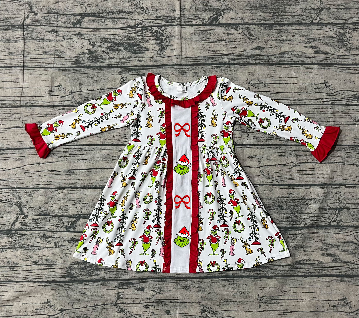 ( No moq ) Preorder Girls Kids Embroidery Green Face Bows Christmas Knee Length Dress