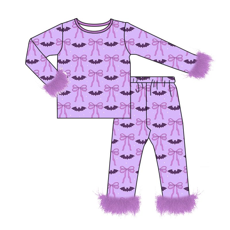 ( Moq 5 ) Preorder Baby Girls Kids Bats Bows Halloween Shirt Pants Fur Set Pajamas Purple Clothes