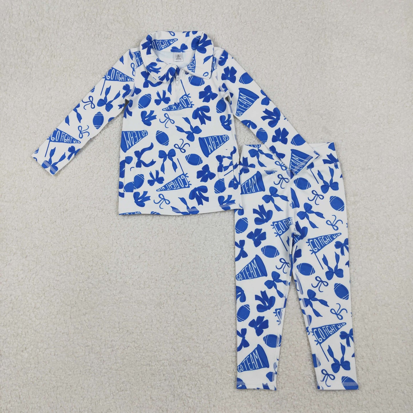 Kids Girls Blue Bows Pockets Zipper Shirt Pants Yoga Football Cheer Set RTS