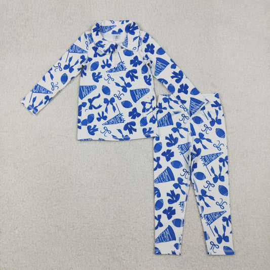 Kids Girls Blue Bows Pockets Zipper Shirt Pants Yoga Football Cheer Set RTS