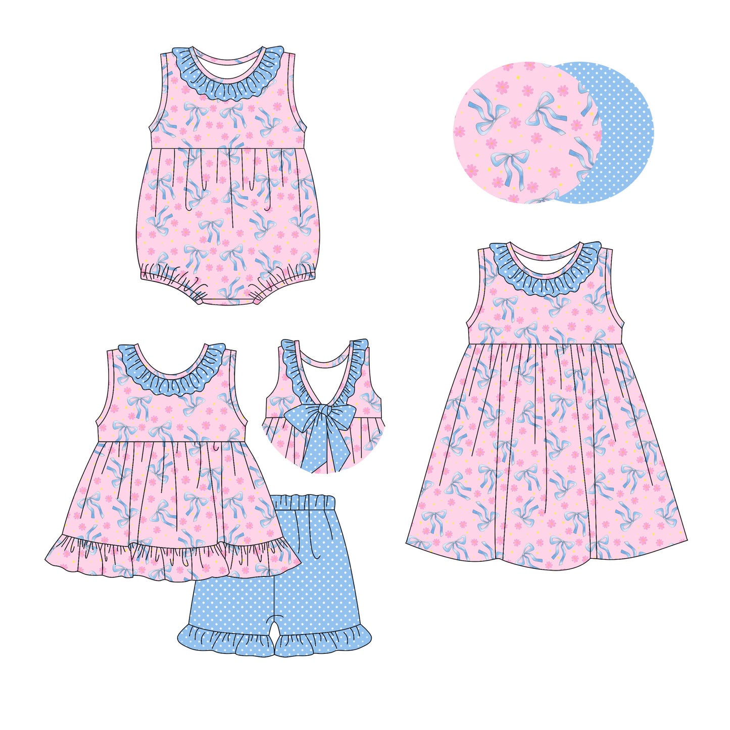 ( Moq 5 Each Style ) Sibling Baby Girls Kids Flower Bows Romper Dress Set Summer Clothes