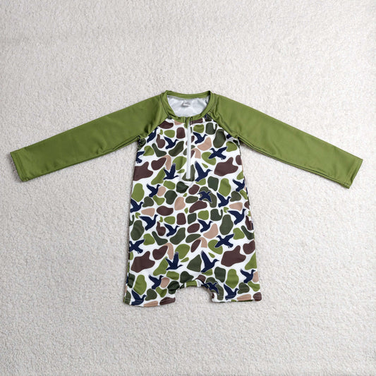 Baby Boys Long Sleeves Ducks Green Camo Zipper One-piece Swimsuit RTS