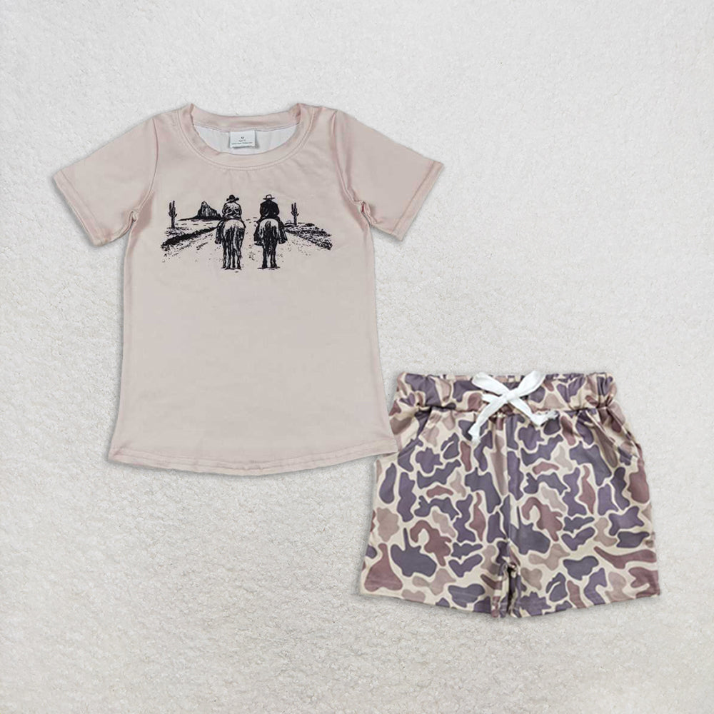 Baby Boy Short Sleeves Western Rodeo Shirt Camo Pockets Shorts Set RTS