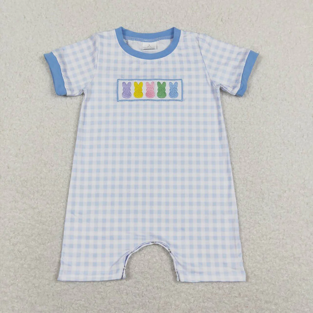 Baby Boy Girl Infant Short Sleeves Embroidery Easter Rabbits Sibling Romper