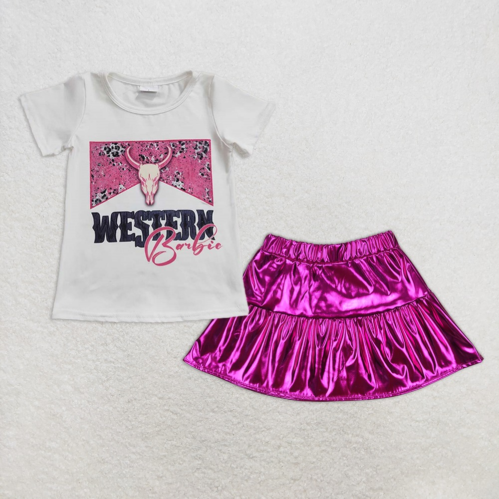 Baby Girl Short Sleeves Cow Shirt Purple Leather Skirt Western Set RTS
