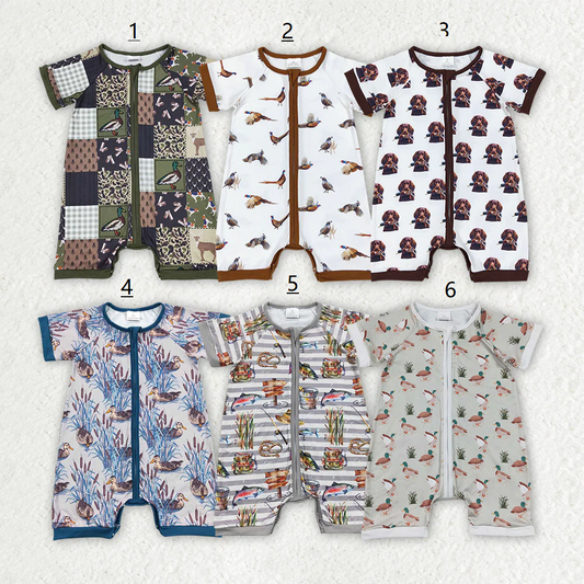 Baby Boy Short Sleeves Ducks Dogs Deer Sibling Hunting Zipper Romper RTS