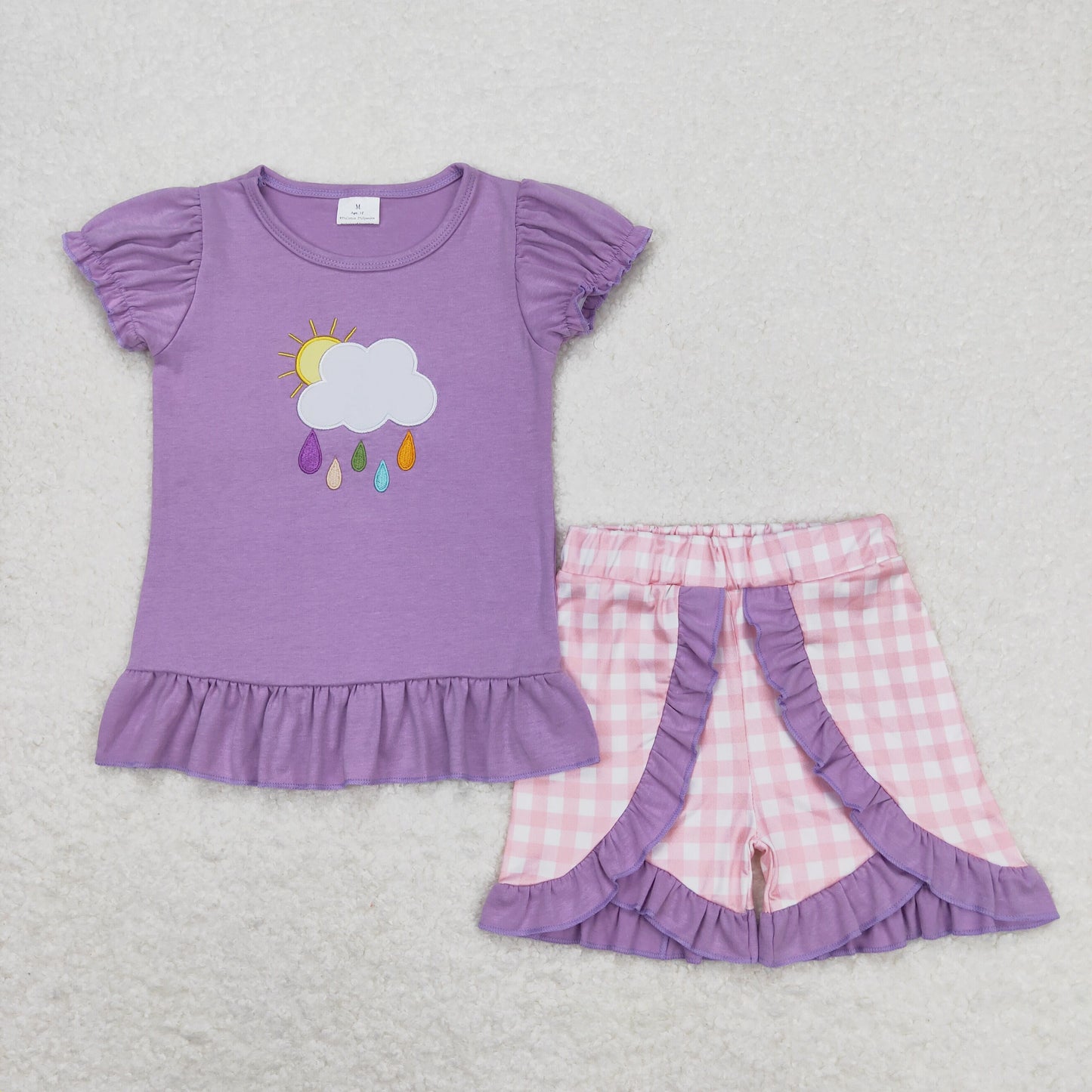Baby Girl Short Sleeves Embroidery Cloudy Rainy Purple Shirt Plaid Shorts Set