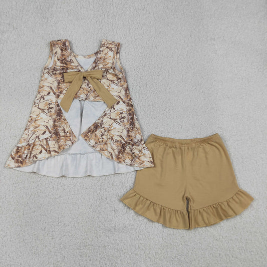 Baby Girls Kids Sleeveless Leaves Back Bow Tops Shorts Set Camo Clothes RTS