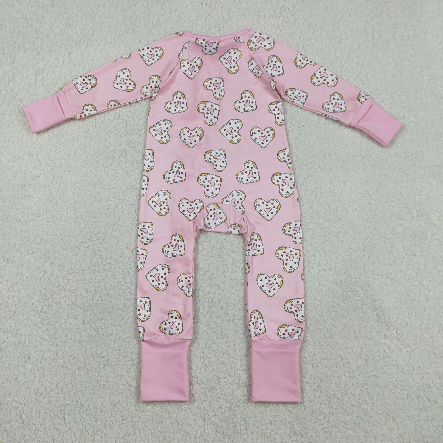Sibling Baby Girls Kids Long Sleeves Donuts Hearts Valentines Pink Zipper Romper Pajamas Set RTS