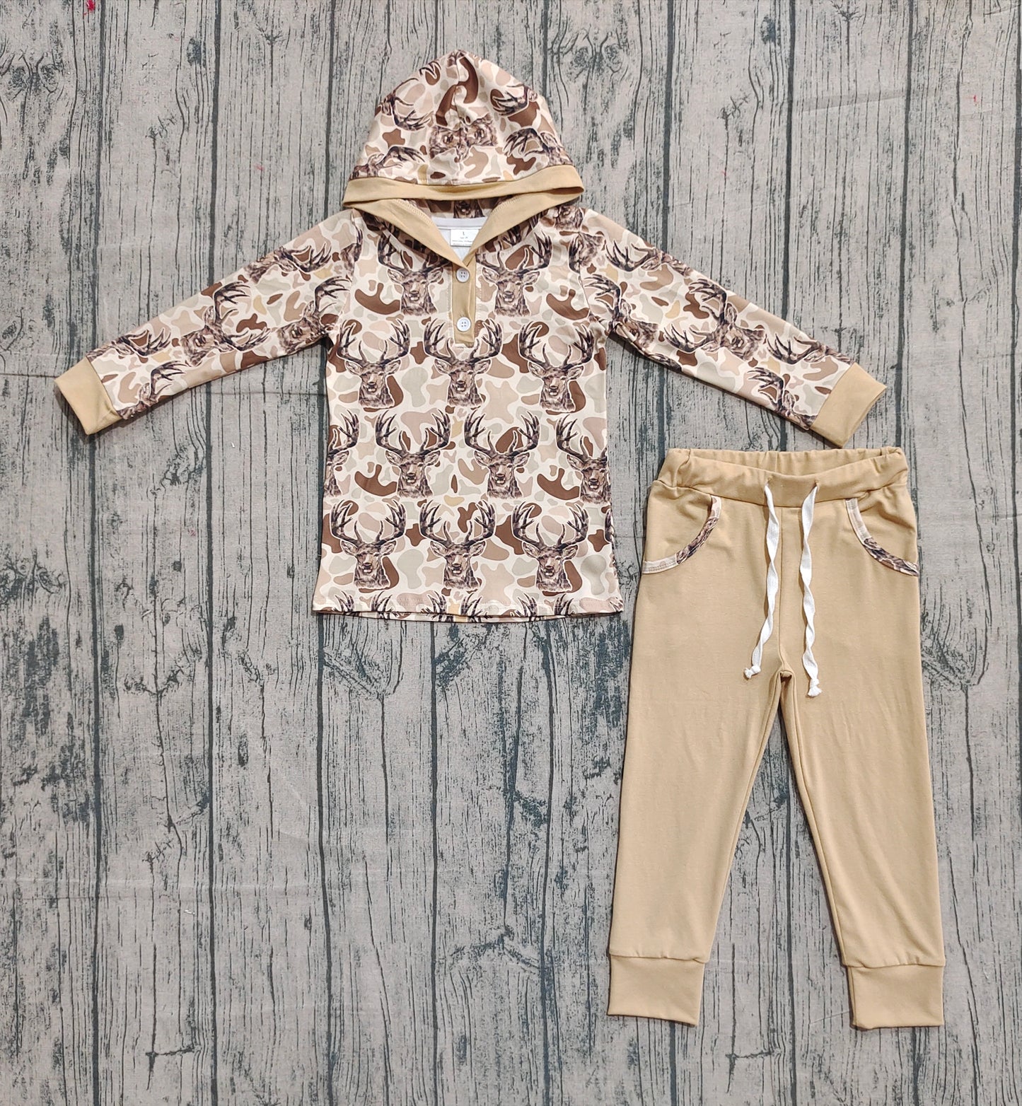 Baby Boy Long Sleeves Camo Deer Hoodie Shirt Pockets Pants Hunting Set RTS