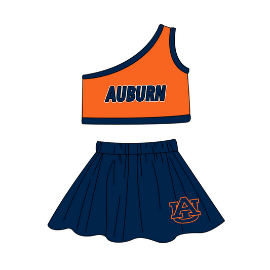 Baby Girl One Shoulder Cheer Team Shirt Navy Skorts Clothes Set ( Moq 5 )