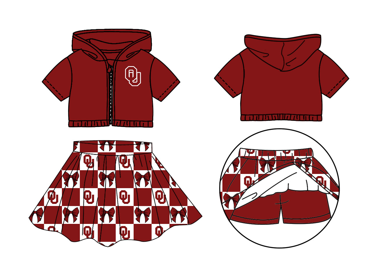 ( Moq 5 Each Style ) Baby Girls Short Sleeves Red Hoodie Zipper Tops Bows Plaid Shorts Skirt Team Set