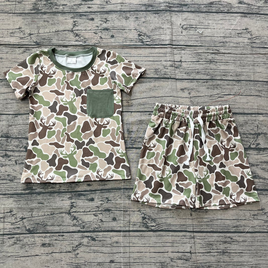 ( No moq ) Preorder Baby Boys Short Sleeves Pocket Shirt Deer Green Camo Shorts Clothes Set