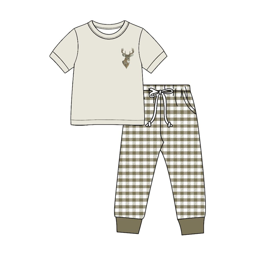 ( Moq 5 ) Preorder Baby Boys Kids Short Sleeves Deer Shirt Plaid Pockets Pants Set Clothes
