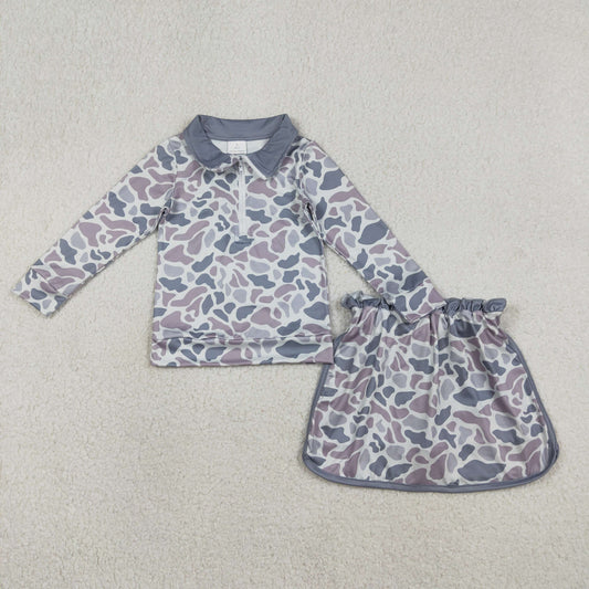 Baby Girls Long Sleeves Grey Camo Zipper Pullover Skirt Shorts Set RTS