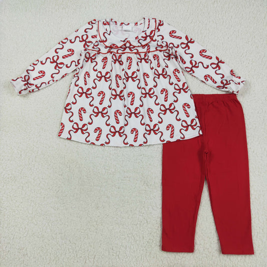 Baby Girl Long Sleeves Bows Candy Cane Tunic Red Pants Christmas Set RTS