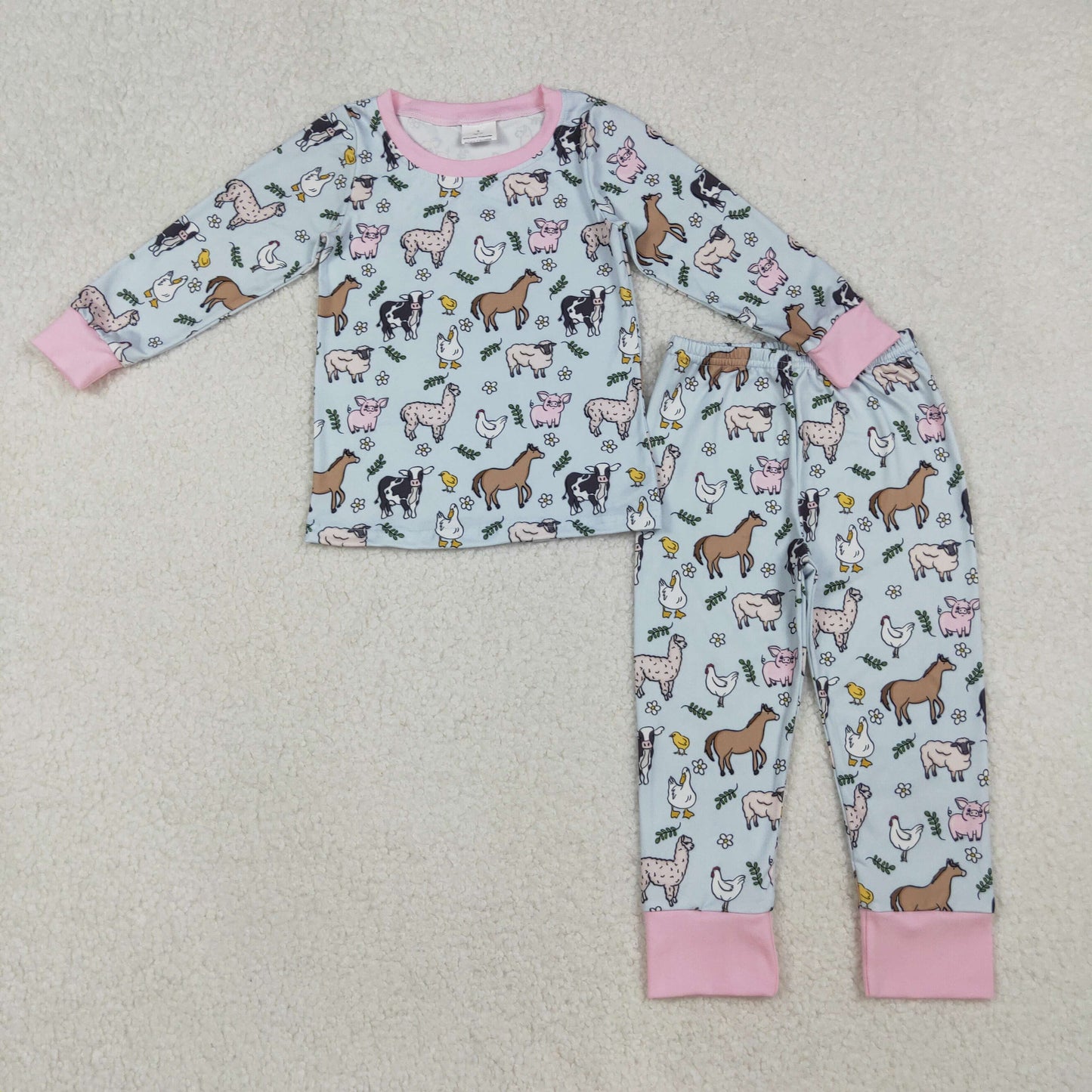 Baby Girl Long Sleeves Farm Animals Flower Shirt Pants Pajamas Set RTS