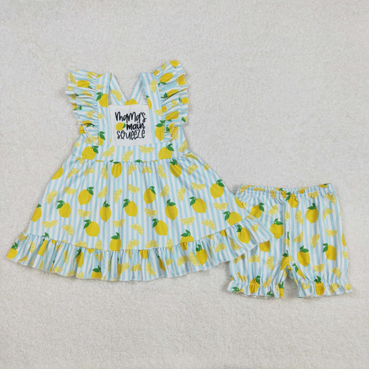 Baby Girl Ruffle Short Sleeves Mama's Tunic Lemon Stripes Shorts Set RTS