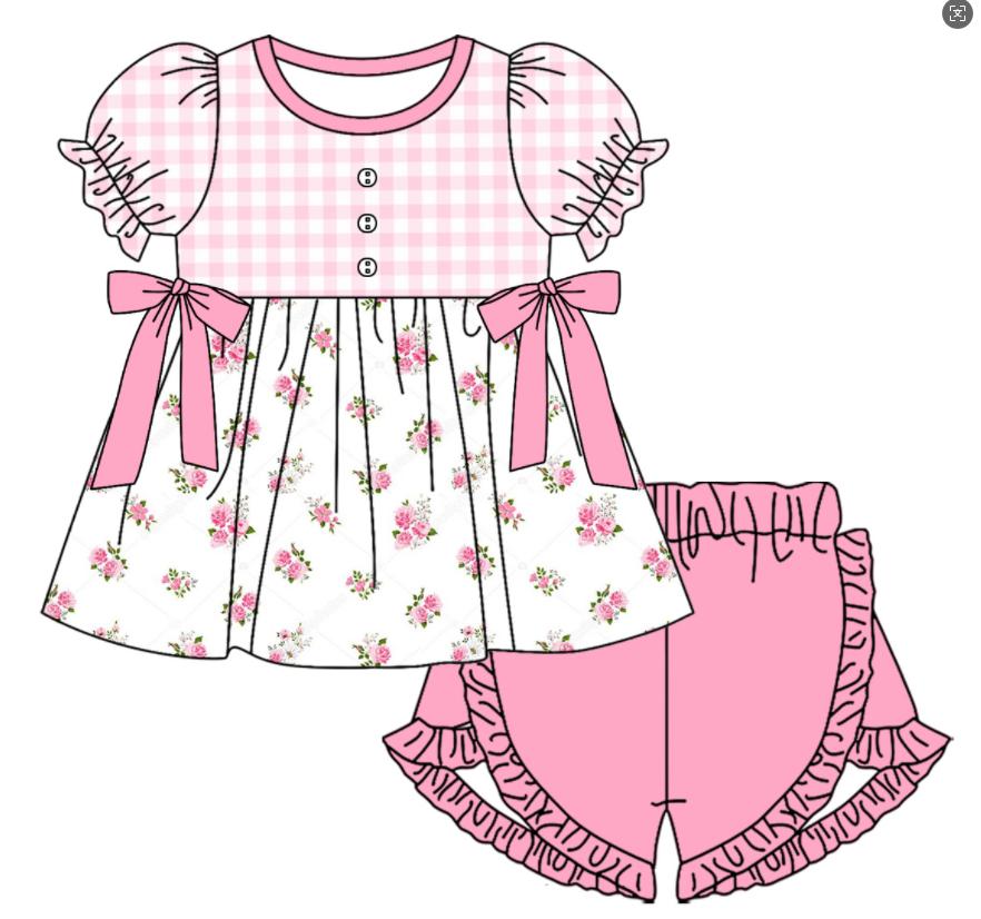 Baby Girl Short Sleeves Flower Plaid Pink Sibling Romper Dress Clothes Set ( Moq 5 Each Design )