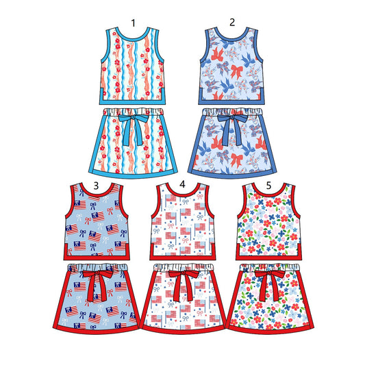 ( Moq 5 Each Style ) Sibling Baby Girls Kids Flower Flags Bows Shirts Skorts 4th of July Sets