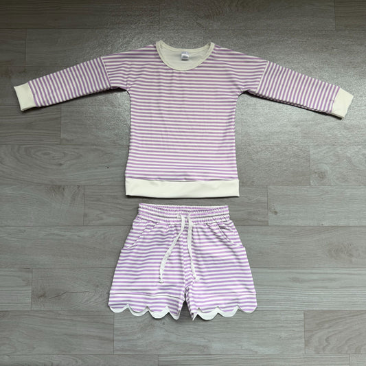 ( No moq ) Preorder Baby Girls Kids Long Sleeves Purple Stripes Shirt Scallop Shorts Set Yoga Active Clothes