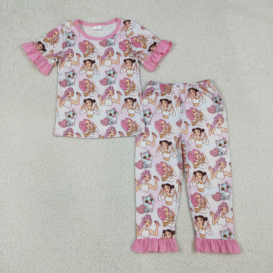 Baby Girls Kids Short Sleeves Singer Shirt Hearts Pants Pajamas Set RTS
