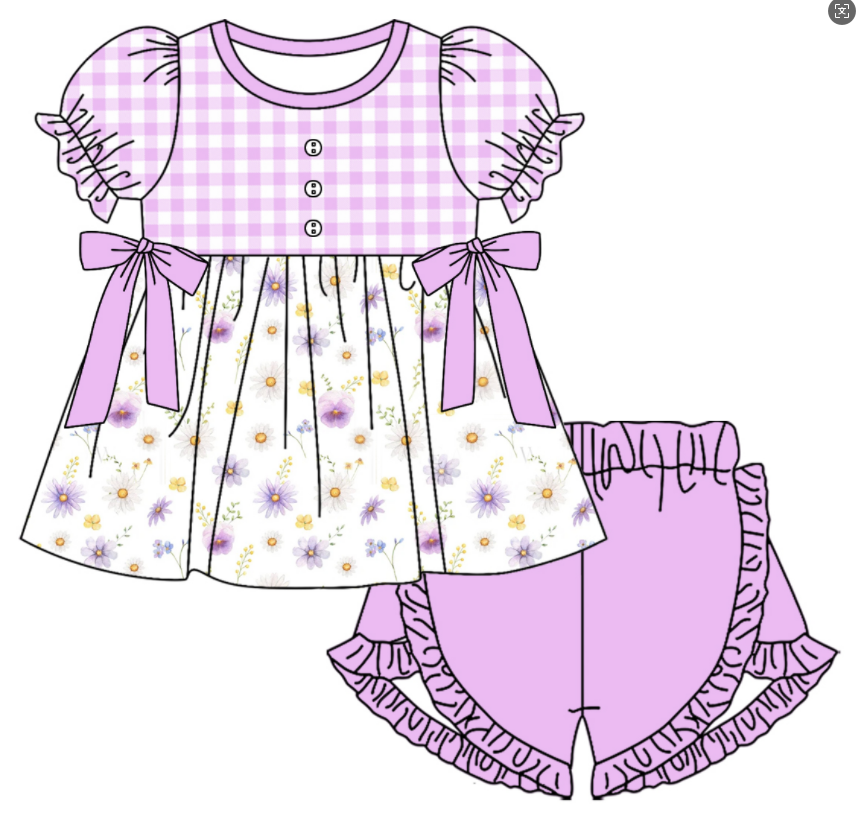 Baby Girl Short Sleeves Flower Plaid Purple Sibling Romper Dress Clothes Set ( Moq 5 Each Design )