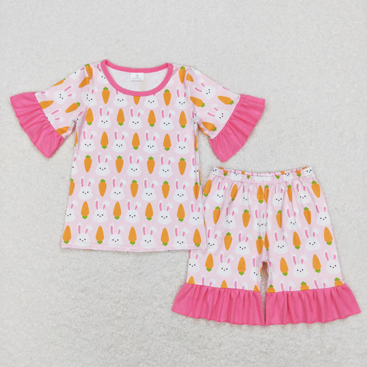 GSSO0407 Baby Girl Easter Short Sleeves Carrot Rabbit Shirt Shorts Pajamas Set