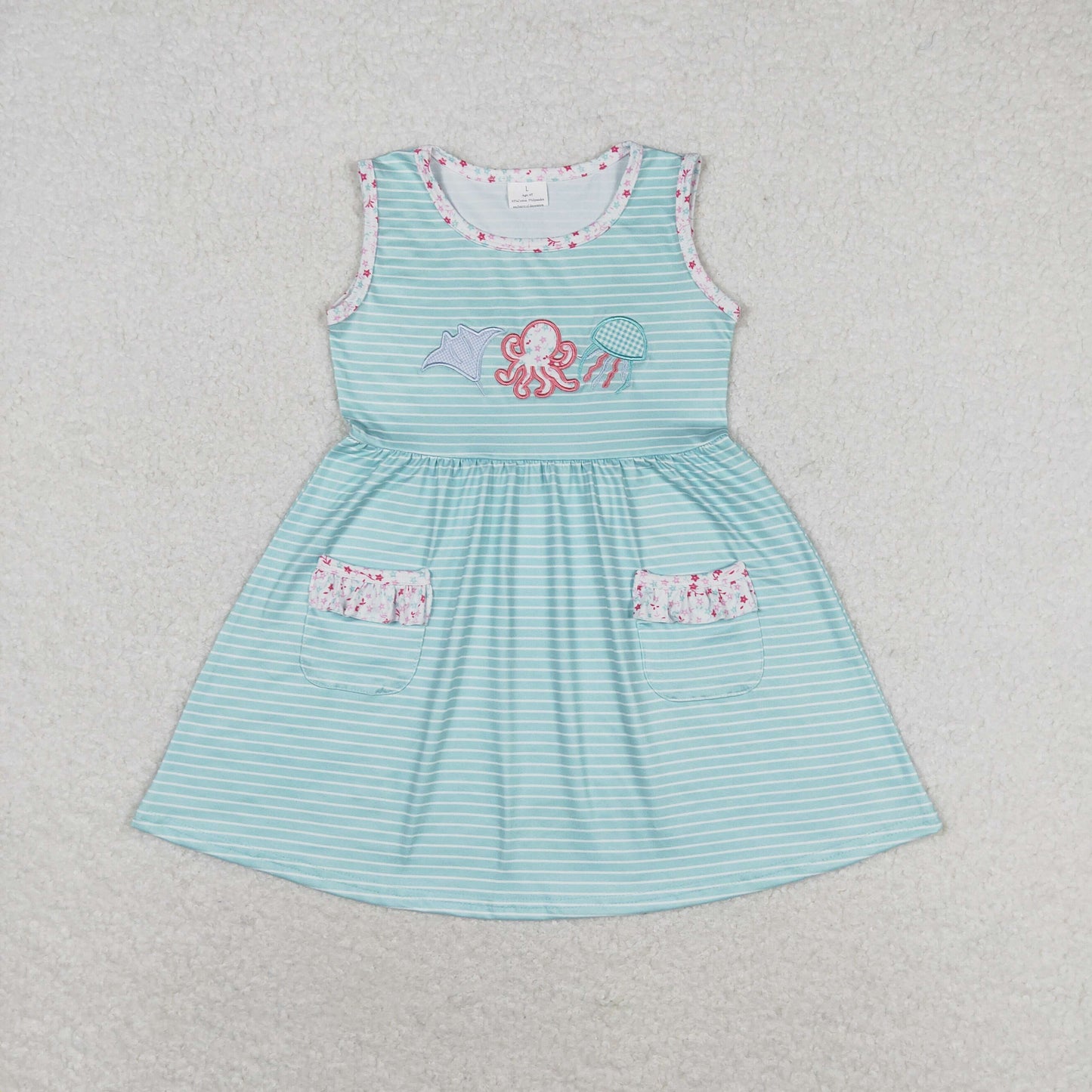 Baby Girl Sleeveless Embroidery 0ctopus Pocket Stripes Dress