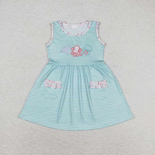 Baby Girl Sleeveless Embroidery 0ctopus Pocket Stripes Dress