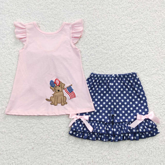 GSSO0236 Baby Girl Embroidery July 4th Dog Flag Short Sleeves Shorts Summer Outfit