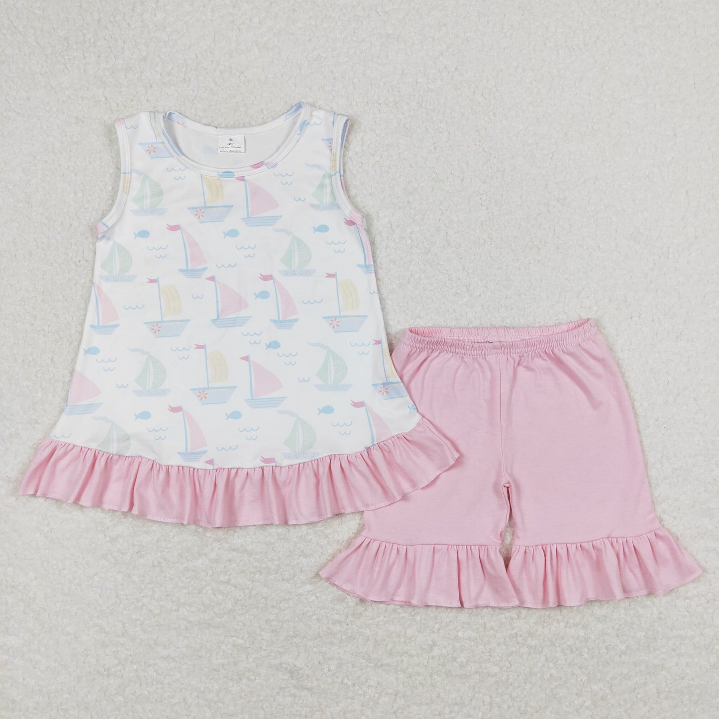 Baby Girl Sleeveless Boats Fish Tops Cotton Pink Shorts Summer Set
