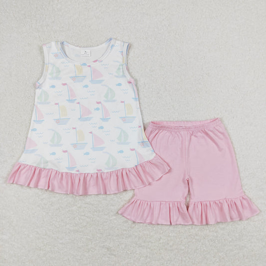 Baby Girl Sleeveless Boats Fish Tops Cotton Pink Shorts Summer Set