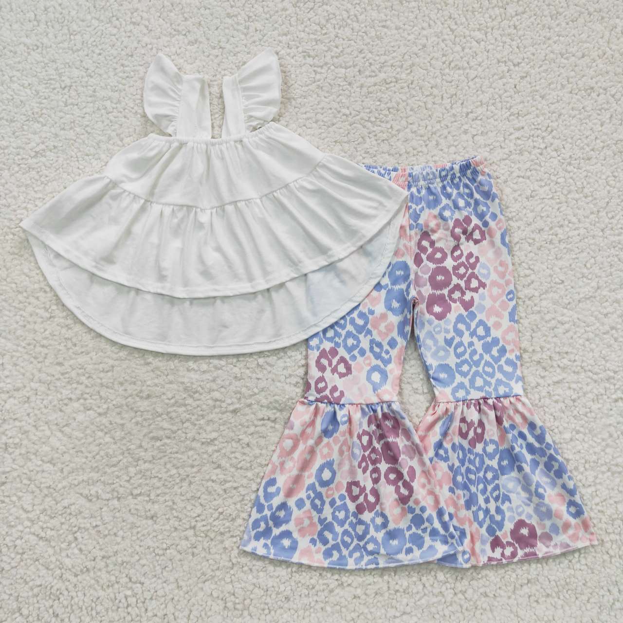 GSPO0678 Baby Girl Sleeveless Ruffle Tunic Leopard Bell Pants Outfit