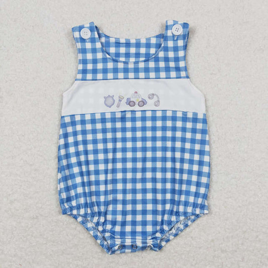 Baby Boy Sleeveless Police Blue Plaid Bubble One Piece Summer Romper