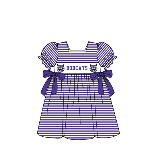 ( Moq 5 ) Baby Girls Toddler Short Sleeves Purple Stripes Bows Knee Length Dress