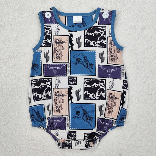 Baby Boy Infant Sleeveless Western Rodeo Cow Cactus Bubble Romper RTS