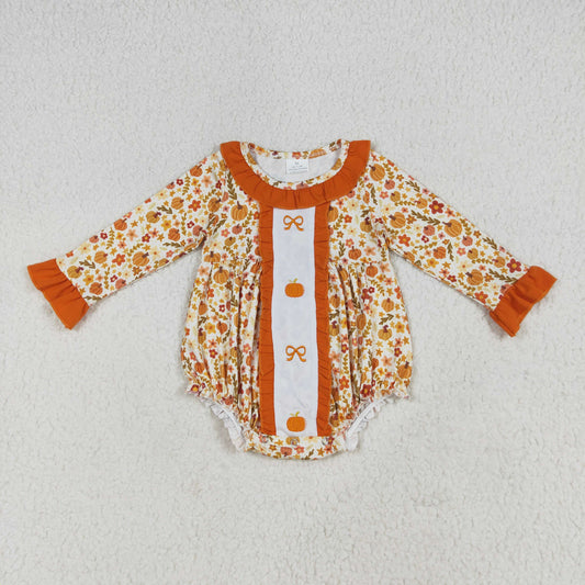 Baby Girl Long Sleeves Embroidery Bows Pumpkins Floral Bubble Fall Romper RTS