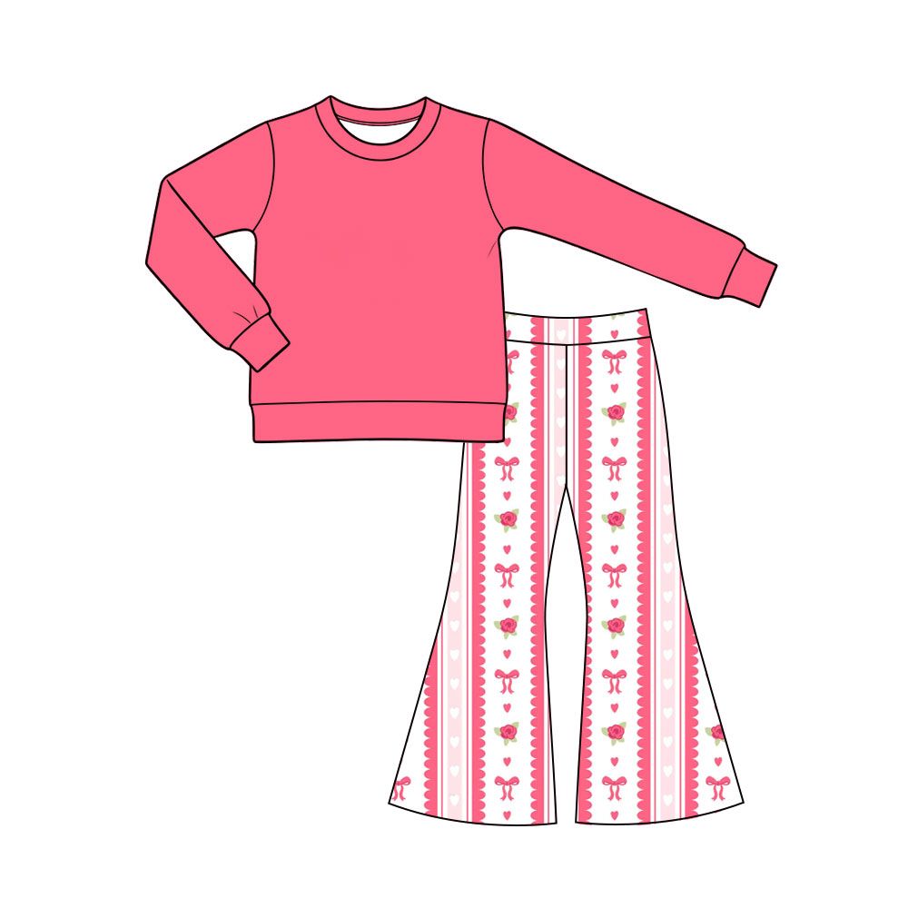 ( Moq 5 ) Preorder Baby Girls Kids Long Sleeves Shirt Hearts Flower Bows Pants Valentine Set