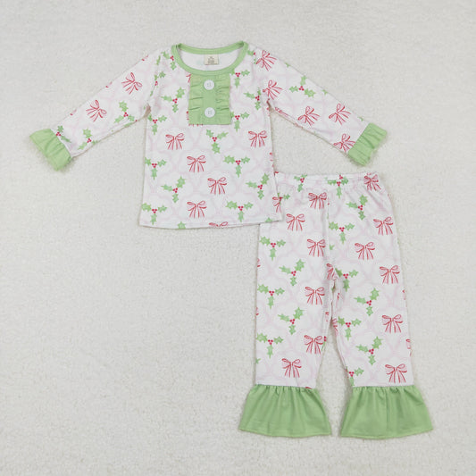 Baby Girl Long Sleeves Christmas Bows Holly Shirt Pants Pajamas Bamboo Set