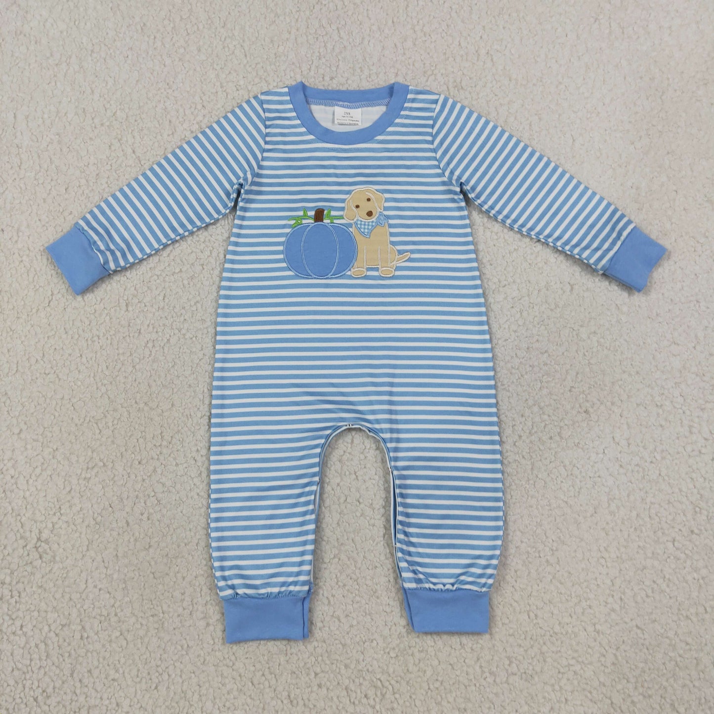 Baby Boys Kids Embroidery Pumpkins Dog Blue Stripes Fall Romper Clothes RTS