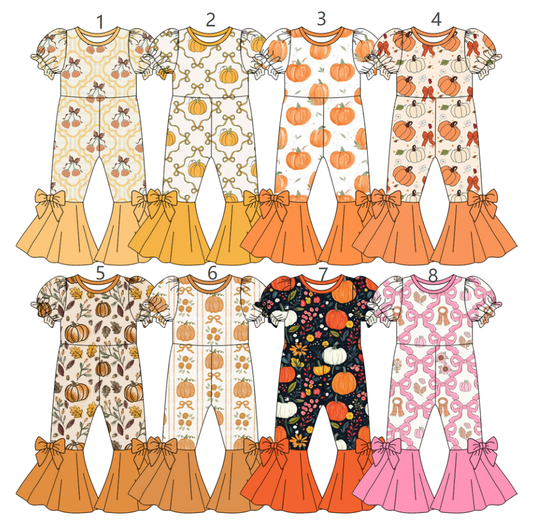 ( Moq 5 Each Style ) Sibling Baby Girls Kids Short Sleeves Pumpkins Bows Jumpsuits Fall Clothes